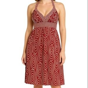 LONDON TIMES Halter Dress Red Women's Sz 14 Abstract Print Retro Sweetheart Neck